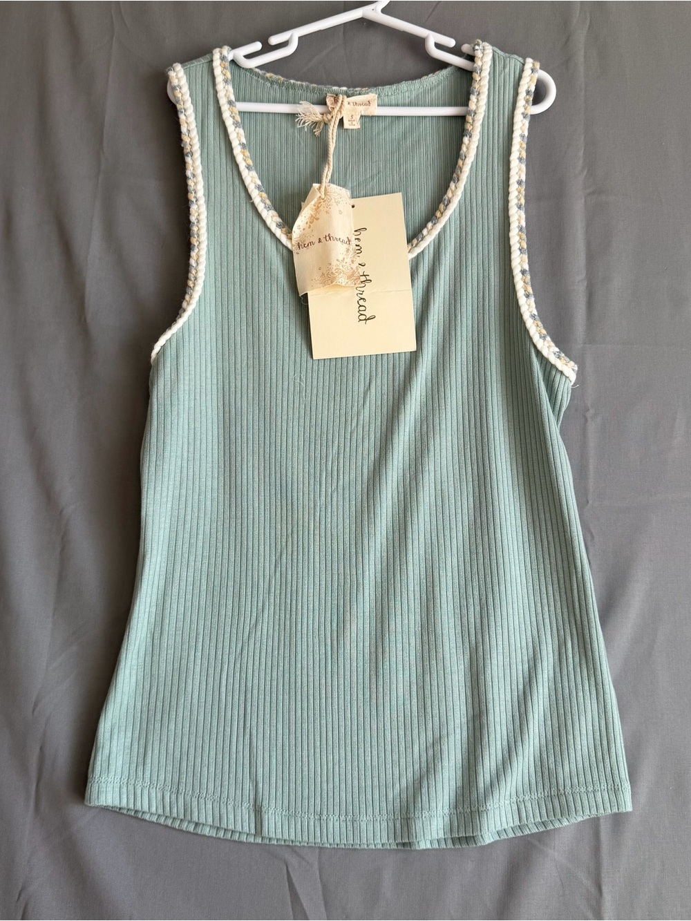 He. & Thread Sage Ribbed Tank Top with Braided Trim (T124)